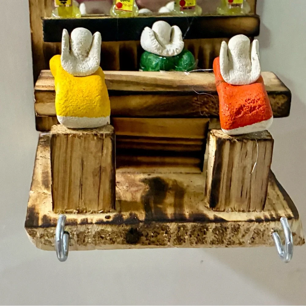 Rustic Mini Bar Wall Keyholder Decor with Yellow, Orange & Green Figures